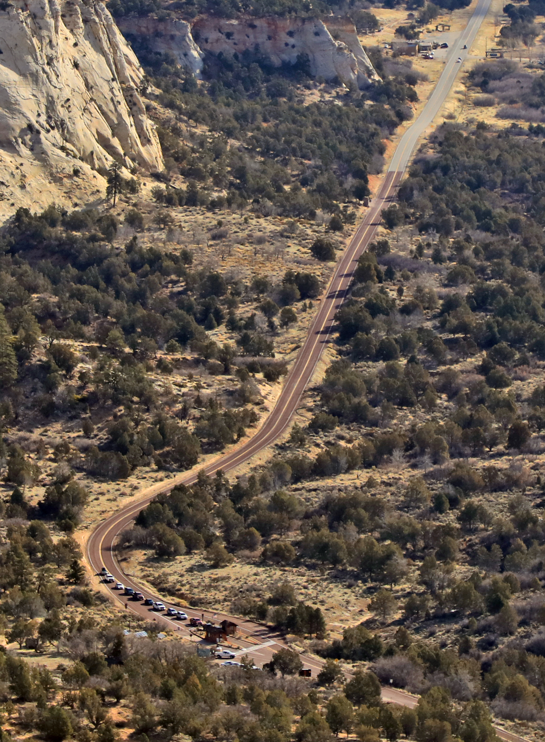 Aerial view of the road leading into the trees and rock features at the East entrance of Zion National Park